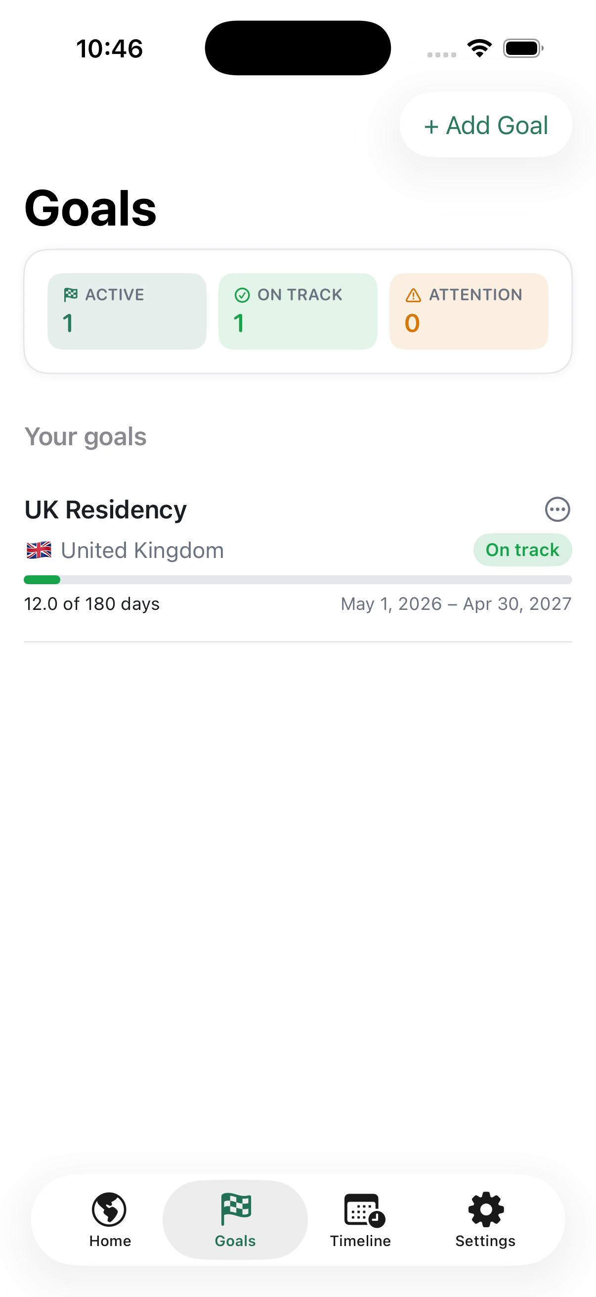 Waymark goals screen showing a UK residency goal on track