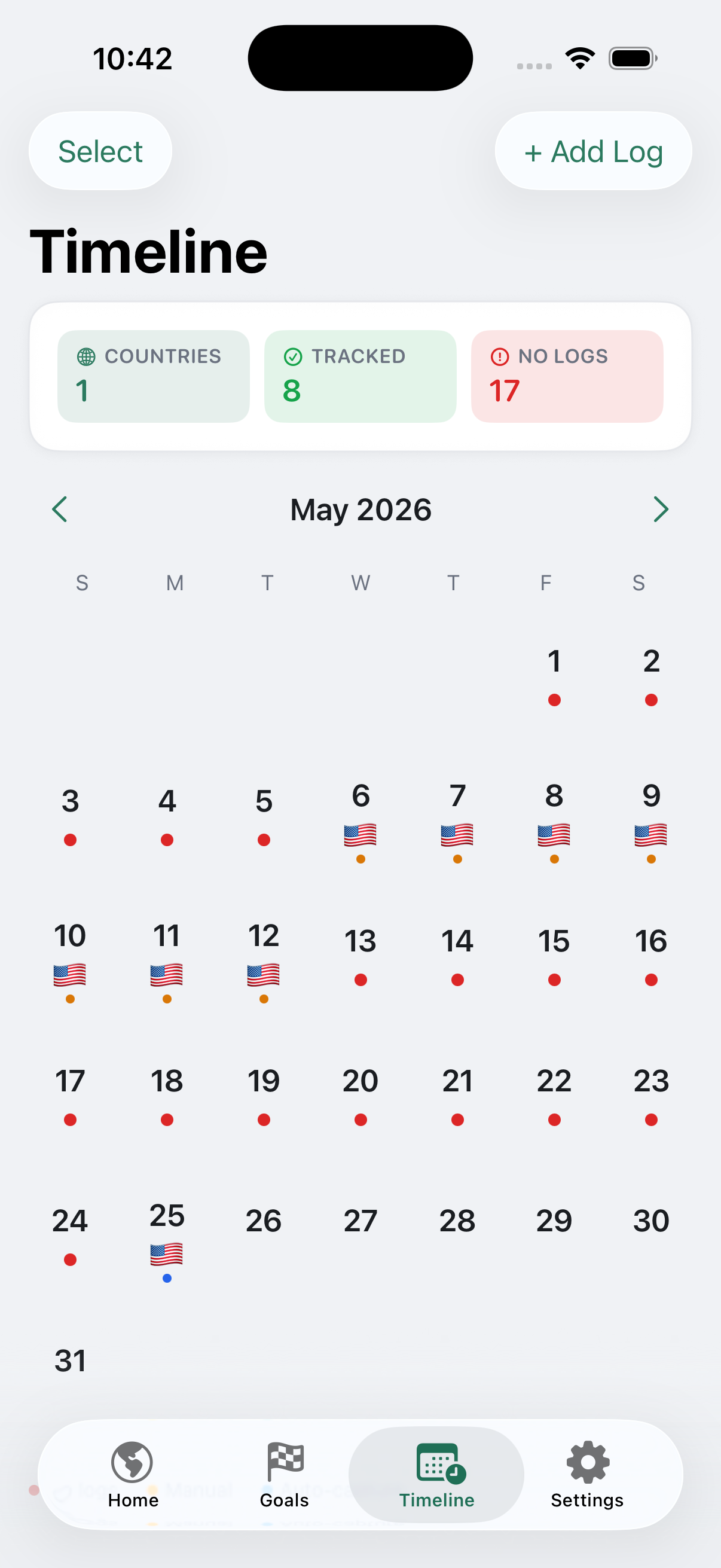 Waymark timeline calendar with country flags marking each day